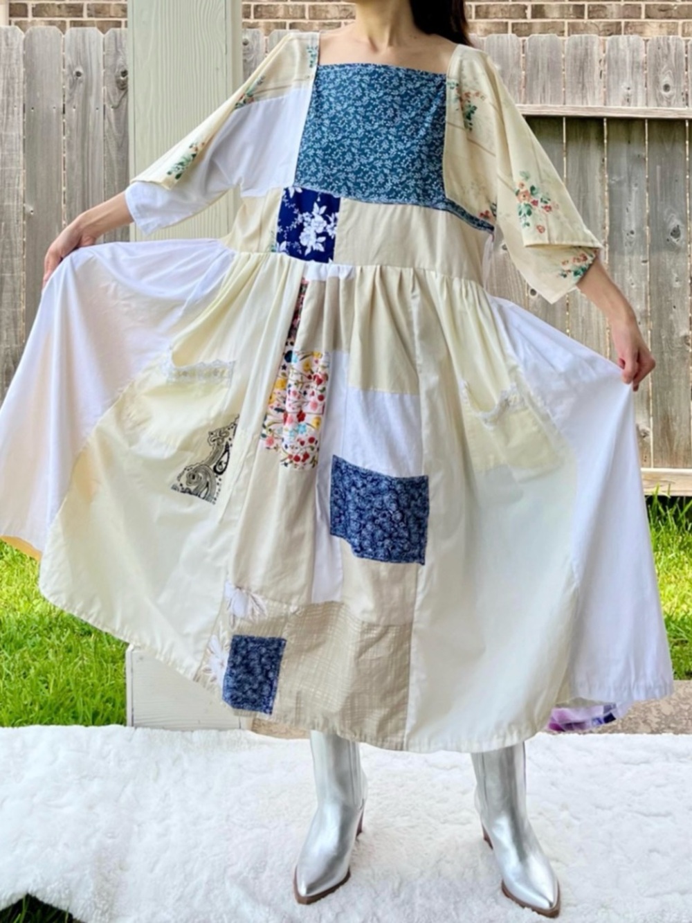 Earth-Toned | Handmade Quilted Patchwork Dress SKU 05216 One Size Fits All - Picture 9 of 11
